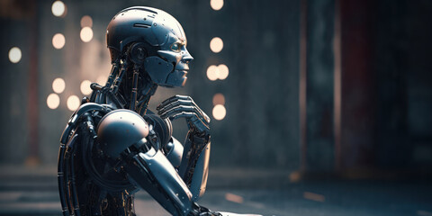 Fototapeta premium Metallic AI robot that is sitting and thinking on blurred factory or warehouse background with copy space. Generative AI
