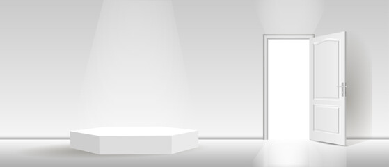 The interior of an empty room with a white wall, an open door and a white podium.
Free space for copying a 3d image.