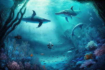 Underwater world with inhabitants and swimming 
Sharks. Created with Generative Ai technology.