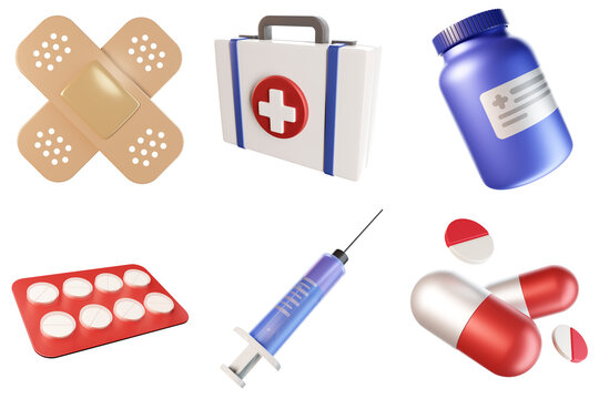 3D Medical Icons  Set Bandage First aid kit Capsule bottle Injection UX UI Web Design Elements 3d rendering 