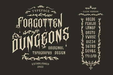 Vector vintage font Dungeon. Letters and numbers - obrazy, fototapety, plakaty