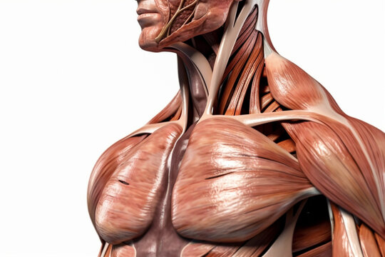 man with muscles without skin on a white background. anatomy and muscles. generative ai