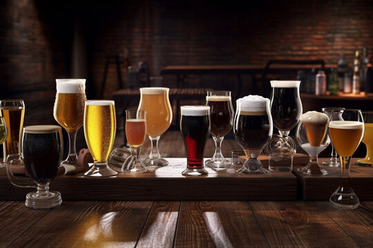 different types of beer on the bar bar of the pub. Beer assortment. Cold different glasses of beer on the wooden table. generative ai