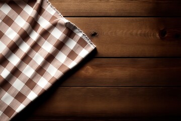 Checkered tablecloth on wooden table. Ai. Picnic background