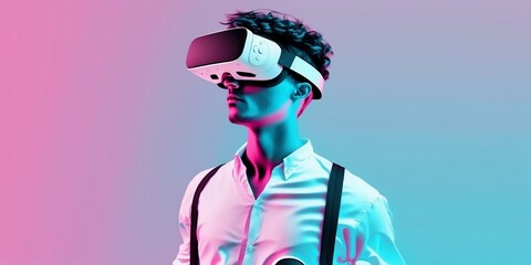 Web banner of young  man wearing virtual reality headset. VR concept