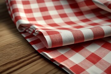 Obraz premium Checkered tablecloth on wooden table. Ai. Picnic background