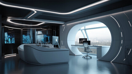 Futuristic office / workspace of a technology business in minimalistic modern style -Generative art