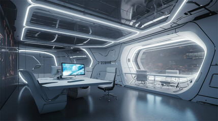 Plakat Futuristic office / workspace of a technology business in minimalistic modern style -Generative art