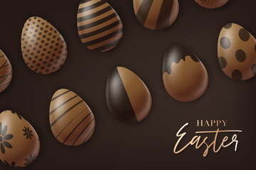 Obraz na płótnie Canvas Easter poster or banner. Cholocate eggs with decoration on brown background. Spring egg hunt. Golden lettering. Vector illustration.