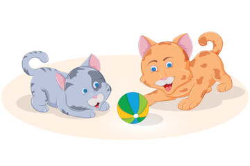 Two lovely kitties are having fun with colorful ball