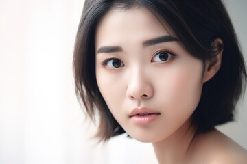 Naklejka premium Beautiful young Asian woman with clean fresh skin isolated on white background, Face care, Facial treatment, Cosmetology, beauty and spa, Asian women portrait generative ai
