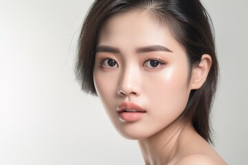 Obraz premium Beautiful young Asian woman with clean fresh skin isolated on white background, Face care, Facial treatment, Cosmetology, beauty and spa, Asian women portrait generative ai