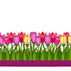 Floral border. Spring seamless pattern. Cute horizontal banner with blooming tulips. 
