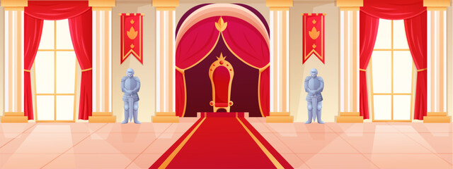 Royal kingdom hall. Castle interior. Ballroom in medieval palace. Queen or king throne. Elegant tapestry. Window and red curtains. Imperial armchair. Vector cartoon recent background - obrazy, fototapety, plakaty