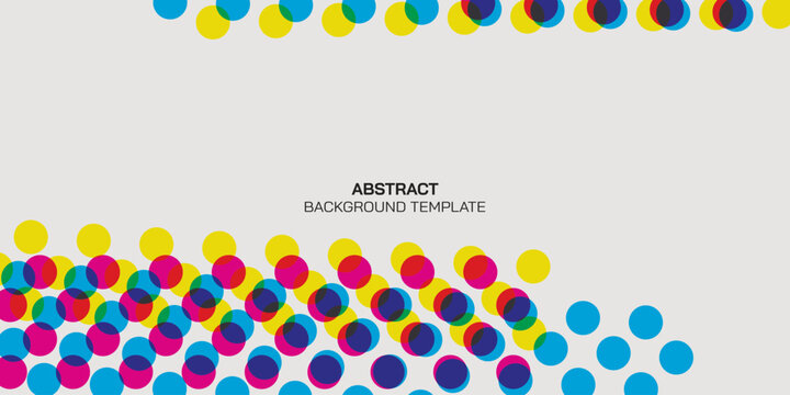 Transparency dots primary colors on light grey background. Abstract offset printing technic vivid colors blended have blank space.