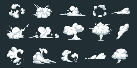 Cartoon clouds, dust smoke, wind stream. Comic effect of explosion, fire puff, elements of trail and movement. Dust and mist isolated design objects. White silhouette vector recent flat set