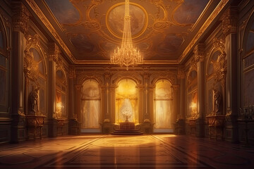 Fototapeta na wymiar The Throne Room with golden royal chair on a background of red curtains. A realistic fantasy interior of the palace. Place for the king, generative AI