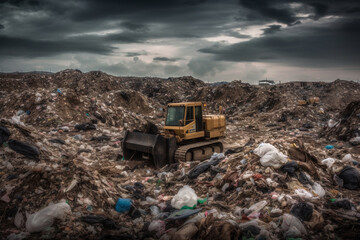 A heavy bulldozer stands on a large landfill full of rubbish on a very cloudy day, Generative AI