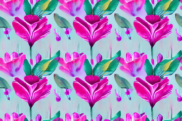 Abstract magenta or purple natural flower, floral, and leaves seamless pattern background. Flower and leaf clip illustration watercolor texture wallpaper. Generative AI.