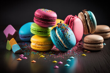 Fototapeta na wymiar Colorful macarons. Stack of French cookie macaroons on dark background. Generative AI