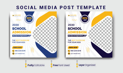 School education admission social media post template, School Admission social media post, Back to school admission social media post, promotional discount banner template design.
