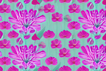 Abstract magenta or purple natural flower, floral, and leaves seamless pattern background. Flower and leaf clip illustration watercolor texture wallpaper. Generative AI.