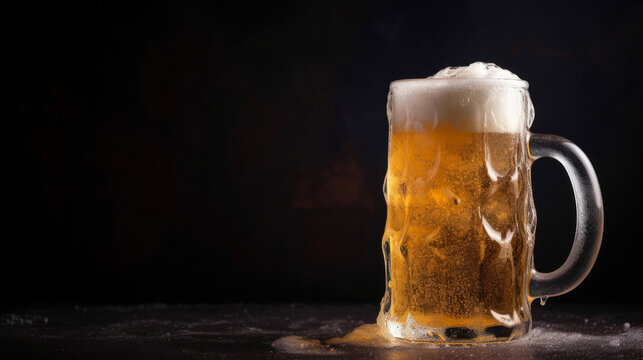 Glass of fresh and cold beer on dark background. Generative AI