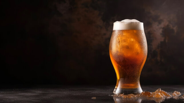 Glass of fresh and cold beer on dark background. Generative AI