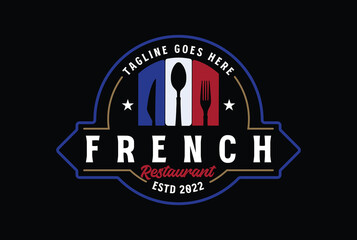 Vintage Retro France French Flag with Spoon Knife Fork for Cafe Restaurant Food Culinary Catering Label Logo Design