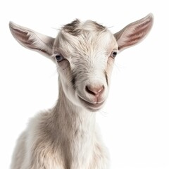 Fototapeta premium Close up portrait of an expressive baby goat with innocent eyes against a white background. Generative AI
