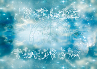 zodiac signs with astrological horoscope over blue cosmic background like astrology concept 