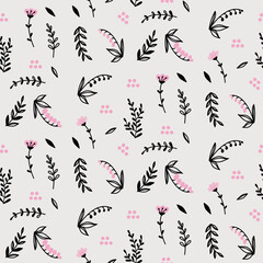 Floral pattern with a contour image of leaves, flowers, twigs, vector graphic drawing on a light background.