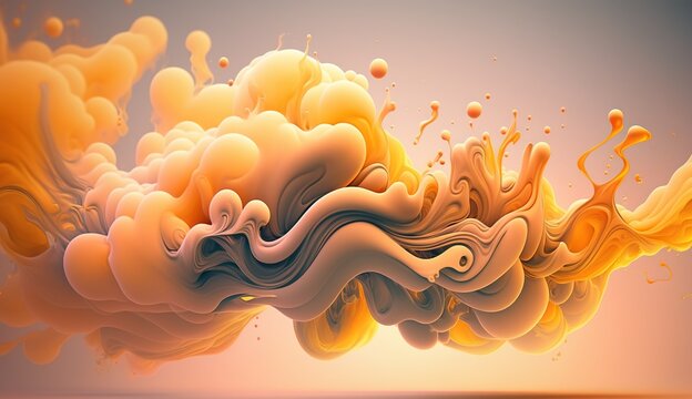 Generative AI, Flowing light apricot crush smoke with splashes. Soft fluid banner, spring female mood, 3D effect, modern macro realistic abstract background illustration, ink in water effect.	
