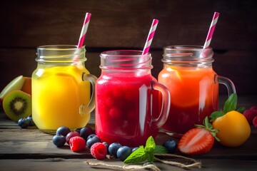 Fototapeta na wymiar Fresh smoothies in glass jars with fruits and vegetables on wooden background, Fresh Colorful Juices Smoothie. generative ai