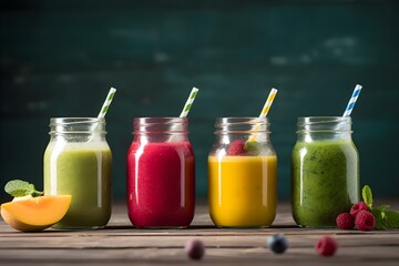 Fresh smoothies in glass jars with fruits and vegetables on wooden background, Fresh Colorful Juices Smoothie. generative ai