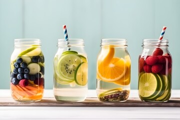 Variety of fruit infused detox water in jars for a healthy diet eating, Refreshing summer homemade cocktail. Generative ai