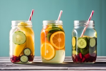 Fototapeta na wymiar Variety of fruit infused detox water in jars for a healthy diet eating, Refreshing summer homemade cocktail. Generative ai