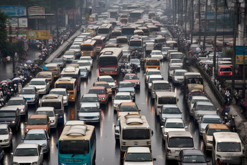 An illustration of a chaotic traffic jam on a busy highway, with vehicles at a standstill. Ai generated.