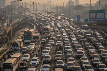 An illustration of a chaotic traffic jam on a busy highway, with vehicles at a standstill. Ai generated.