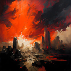 City of Fire": This painting captures the frenetic energy and chaos of a burning city. The background is dominated by a bright, fiery orange - red, with billowing clouds of smoke and ash.