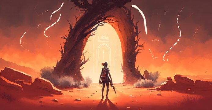 adventure scene showing the young woman standing in front of the odd tree gate with lightning effects against red desert, illustration painting, Generative AI