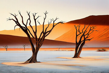 Dead Camelthorn Trees at sunrise,watercolor oil painting effect. Generative Ai