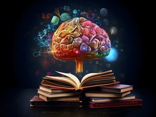 Colorful Collage of Education, Brain, Book, and Intelligence. AI Generated - obrazy, fototapety, plakaty