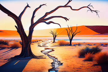 Dead Camelthorn Trees at sunrise,watercolor oil painting effect. Generative Ai
