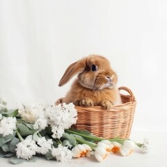 Illustration Hare in a basket  with flowers. Easter greetings