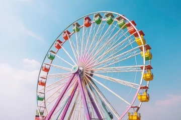Deurstickers Colorful ferris wheel at the amusement park. Ferris wheel in the park on blue sky background. Summer holiday. Generative AI © Neda Asyasi