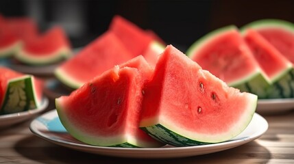 Fresh ripe sliced watermelon on plate. Summer background with copy space. Generated with AI.