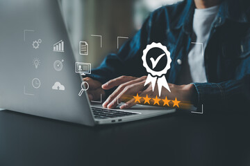 businessman working with computers  service Quality assurance, Guarantee, Standards, ISO .