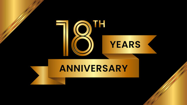 18th Anniversary. Anniversary template design with number and golden ribbon. Logo Vector Template