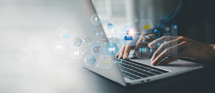 Customer Relationship Management ,Businessman hold of global structure , Data exchanges development. customer service, social media, digital marketing online